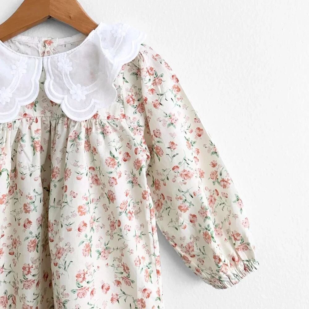 NWT Pretty Girls Embroidered Bib Collar Long Sleeve Dress & Headband Cream 3T